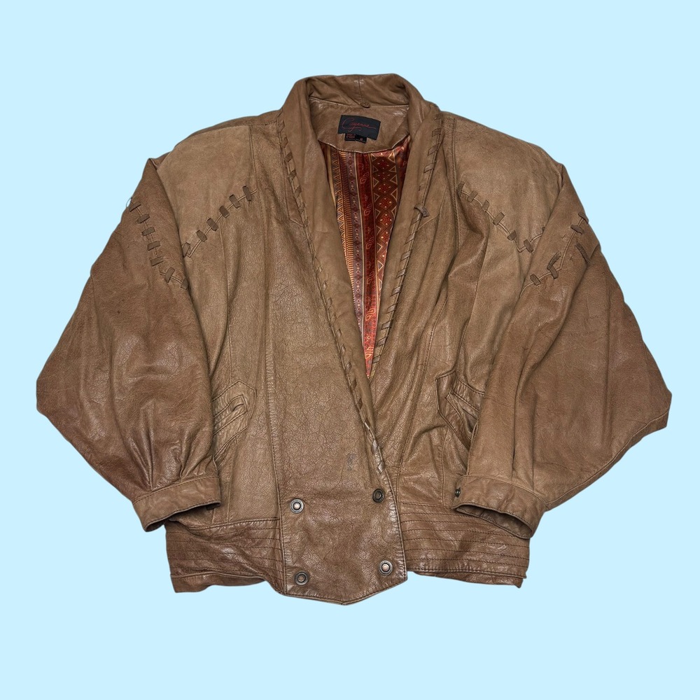 Vintage Cayenne Brown Leather Whipstitch Batwing Bomber Jacket Mens Small